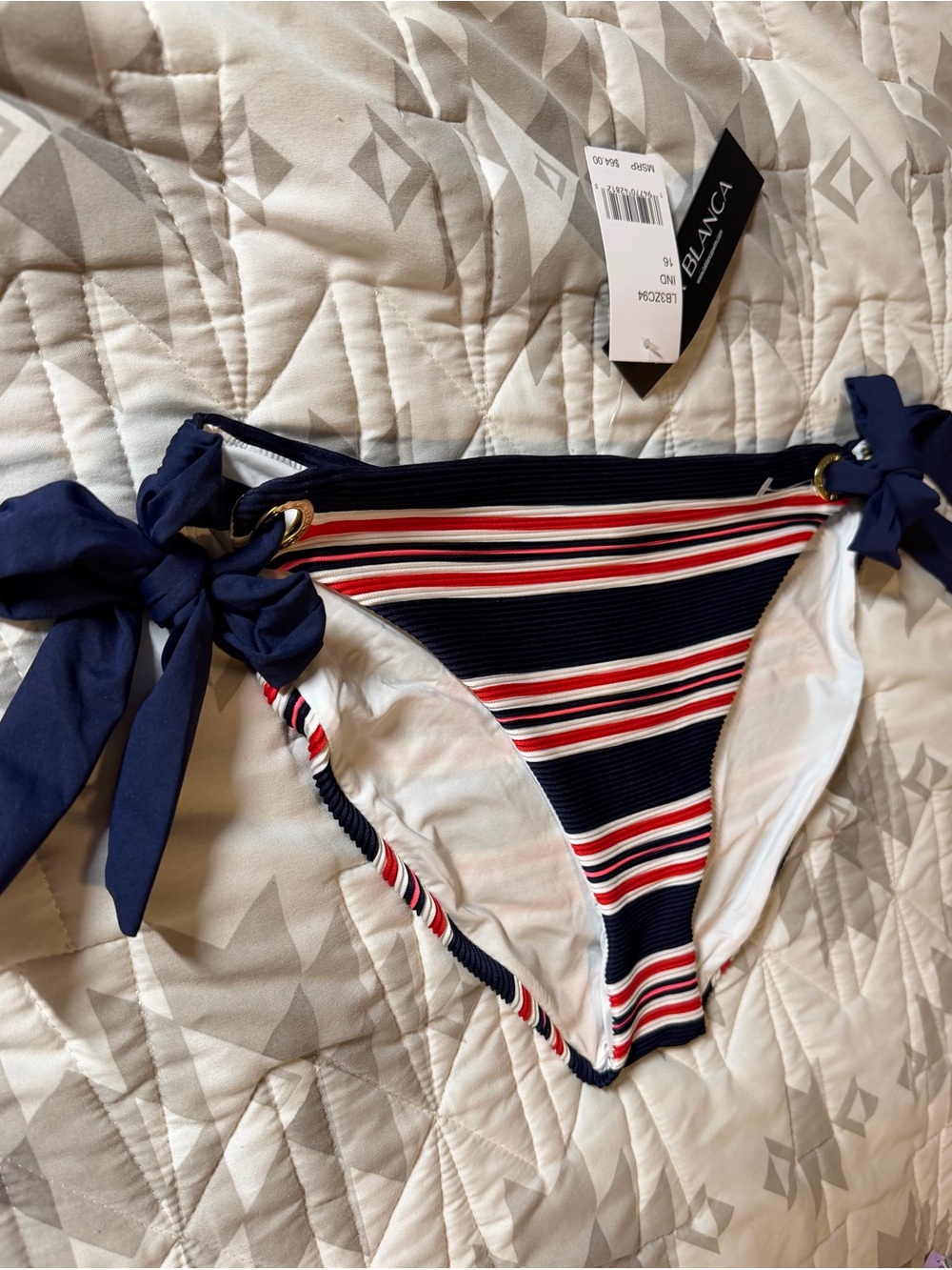 NEW Women’s La Blanca Navy Red White Striped Side-Tie Bikini Bottom- Size 16 - Picture 2 of 4